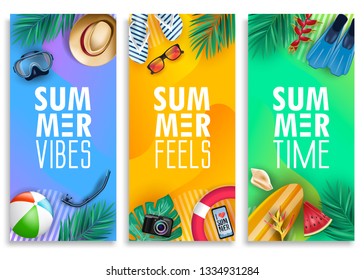 Colorful Vertical Banner Set with Bright Vivid Gradient Background and Tropical Elements Like Palm Leaves, Surfboard, Scuba Diving Equipment, Beach Ball, Slippers and Sunglasses. Vector 