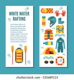 Colorful vertical banner template for white water rafting with patterned backside. Vector illustration, flat design. Icons for map, vest, tent, raft and oars, helmet, lifebuoy, sunglasses etc.
