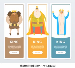 Colorful vertical banners of bearded kings with golden crowns. Ruler of the kingdom. Comic flat characters
