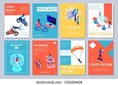 Colorful Vertical Banners Set with Copy Space. Cover Design. Guys Extreme Riding Motocycles, People Playing Virtual and Augmented Reality Games, VR, Skydiver. 3D Flat Vector Isometric Illustration.