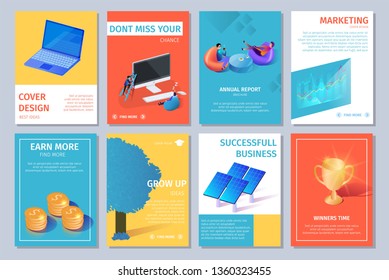 Colorful Vertical Banners Set with Copy Space. Cover Design. Guy Climb PC Monitor, Men Sitting on Armchairs, Laptop, Tree, Solar Panels, Money,Charts and Graphs. 3D Flat Vector Isometric Illustration