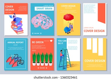 Colorful Vertical Banners Set with Copy Space. Cover Design. Guy Climbing on Ladder, Man Sitting on Books Heap, Potted Plants, Walking Family, Brain, Bicycles 3D Flat Vector Isometric Illustration
