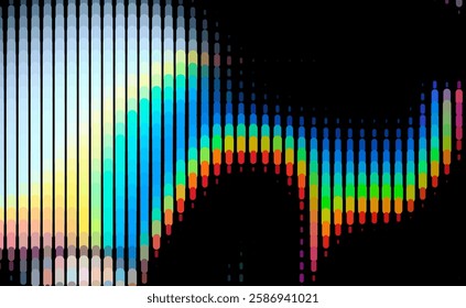 Colorful vertical bars in a wave-like pattern create a vibrant, rhythmic display on a black background, resembling a soundwave equalizer with a spectrum of rainbow hues.