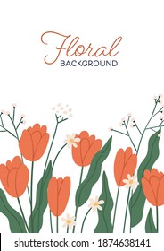 Colorful vertical botanical background with beautiful blooming tulips and daisy meadow flowers. Floral backdrop with wildflowers and a place for text. Vector illustration in flat cartoon style