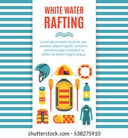 Colorful vertical cover template for white water rafting with isolated striped background. Vector illustration, flat design. Icons for sleeping bag, vest, tent, raft, oars, helmet, lifebuoy etc.