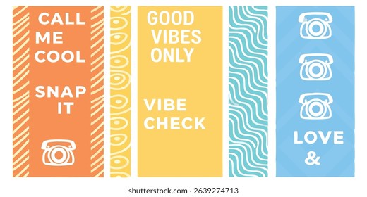 Colorful vertical design featuring motivational phrases with retro telephone symbols on a vector illustration.