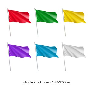 Colorful vertical flags set isolated on white background. Realistic wavy flag on pole mockup for outdoor presentation and exhibition. Product branding, advertising and promotion vector illustration.