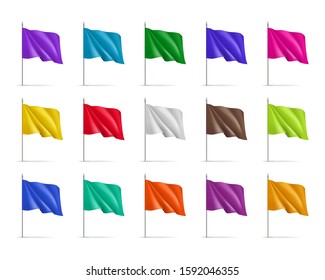 Colorful vertical flags set isolated on white background. Realistic wavy flag on pole mockup for outdoor presentation and exhibition. Product branding, advertising and promotion vector illustration.