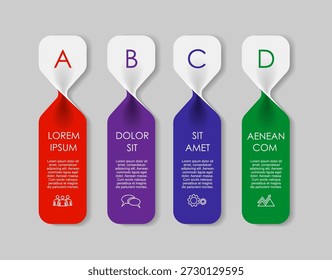 Colorful vertical infographic with labeled steps, icons, and text blocks for business process or project presentation. Vector illustration.
