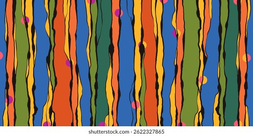Colorful Vertical Paint Drips. Artistic abstract stripes. Hand painted messy pattern. Vibrant creative background. Retro street art style.
