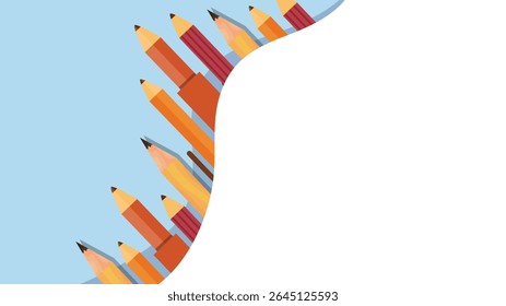 Colorful vertical pencils arranged along left frame edge with light blue and white background