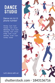 Colorful vertical poster with different couples dancing lindy hop or swing. Advertising for dance studio with a place for text. Vector illustration in flat cartoon style