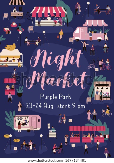 Colorful vertical poster for night market with a
place for text. Many people walking and buying goods at nighttime
fair. Urban street marketplace. Vector illustration in flat cartoon
style