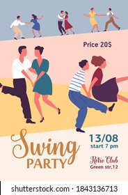 Colorful vertical poster for swing or lindy hop party with different couples dancing. Advertising for retro dance event with a place for text. Vector illustration in flat cartoon style