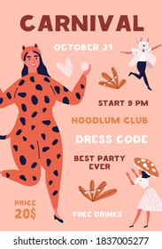 Colorful vertical poster template with people in funny costume. Placard for carnival or Halloween celebration. Festive advertising for fancy dress party. Vector illustration in flat cartoon style