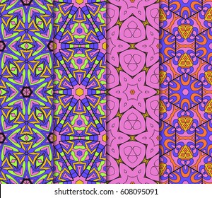 colorful Vertical seamless patterns set, abstract floral geometric texture. Ornament for interior design, greeting cards, birthday or wedding invitations, paper print. Ethnic background in east style.