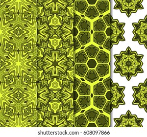 colorful Vertical seamless patterns set, abstract floral geometric texture. Ornament for interior design, greeting cards, birthday or wedding invitations, paper print. Ethnic background in east style.