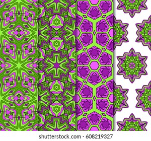 colorful Vertical seamless patterns set, abstract floral geometric texture. Ornament for interior design, greeting cards, birthday or wedding invitations, paper print. Ethnic background in east style.
