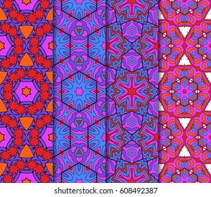 colorful Vertical seamless patterns set, abstract floral geometric texture. Ornament for interior design, greeting cards, birthday or wedding invitations, paper print. Ethnic background in east style.