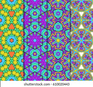 colorful Vertical seamless patterns set, abstract floral geometric texture. Ornament for interior design, greeting cards, birthday or wedding invitations, paper print. Ethnic background in east style.