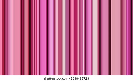 Colorful vertical stripe artwork in various pink shade with light and shadow interplay for volumetric and immersive look. Bright and bold vertical lines of spatial geometry arranged randomly. Vector