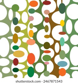 Colorful vertical stripes with white ellipses and colorful bud like shapes