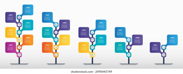 Infografía de la cronología de la Vertical colorida: Hoja de ruta del crecimiento empresarial. Visualización de procesos de cinco etapas con iconos. Diseño limpio y moderno para presentaciones e informes.