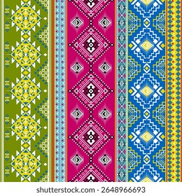 Colorful vertical tribal pattern with geometric diamond shapes, inspired by traditional ethnic textile designs. Perfect for fabric prints, fashion, and digital backgrounds.