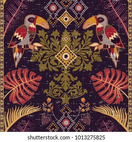 Colorful vertical tropical pattern. Vector backdrop with plants and bird. Floral wallpaper