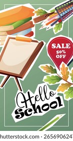 Design vetorial vertical colorido para histórias, com pilha de livros, tabuleiro, lápis, folhas e sinal Hello School. Ótimo para promoções, mídias sociais e uso educacional.

