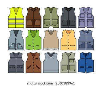 Colorful vest icon set featuring various styles like safety, tactical, casual, and utility vests. Perfect for design, clothing guides, or themed infographics.