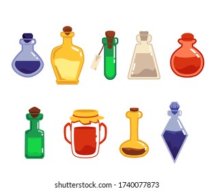 Colorful vials of magic potions on a white background. Bright bottles of different shapes for the RPG game design. Vector illustration.