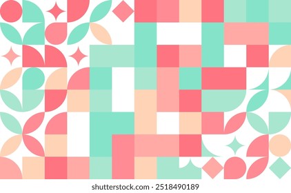 Ein bunter und lebendiger abstrakter Hintergrund mit einer Vielzahl von geometrischen Formen in einem modernen, minimalistischen Stil.