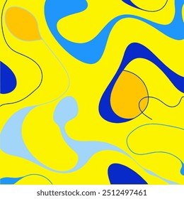 Un diseño abstracto colorido y vibrante con remolinos y Formas azules y amarillas sobre un fondo amarillo.
