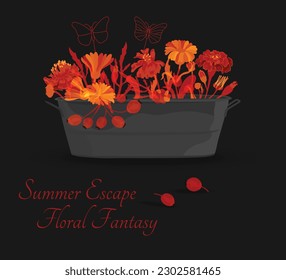 Colorful and vibrant balcony pot with flowers in it. A rectangular pot is full of herbs and plants. Decorative garden butterflies made of wire. Cheerful summer composition on the plain background.