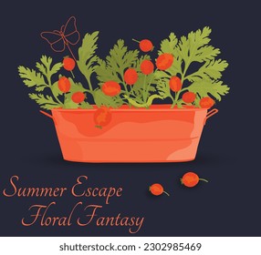 Colorful and vibrant balcony pot with flowers in it. A rectangular pot is full of herbs and plants. Decorative garden butterflies made of wire. Cheerful summer composition on the plain background.