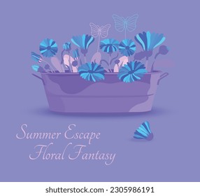 Colorful and vibrant balcony pot with flowers in it. A rectangular pot is full of herbs and plants. Decorative garden butterflies made of wire. Cheerful summer composition on the plain background.