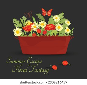 Colorful and vibrant balcony pot with flowers. Rectangular pot full of herbs and plants. Decorative garden butterflies made of wire and glass. Cheerful summer composition on the plain background.