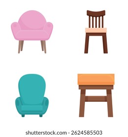Coleção de móveis coloridos e vibrantes com cadeiras, sofás e poltronas em uma variedade de estilos modernos e minimalistas, perfeito para design de interiores e decoração de casa