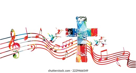 Colorful vibrant Christian cross with musical notes stave isolated. Vector illustration. Religion themed design for Christianity, church service, communion and celebrations. Church choir background	