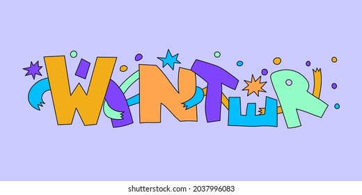 Colorful Vibrant Christmas lettering - winter. Phrases for postcards in the psychedelic style of 70s, 80s, 90s.Funny hand draw letters.letters in the form of characters with hands