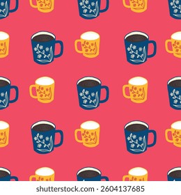 Colorful Vibrant Coffee Mugs in Pop Art Style Vector Seamless Pattern