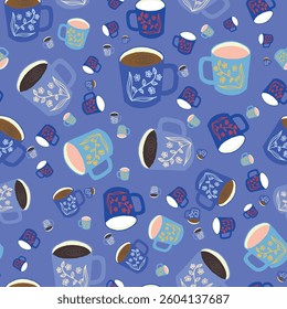 Colorful Vibrant Coffee Mugs in Pop Art Style Vector Seamless Pattern