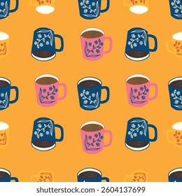 Colorful Vibrant Coffee Mugs in Pop Art Style Vector Seamless Pattern