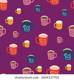 Colorful Vibrant Coffee Mugs in Pop Art Style Vector Seamless Pattern