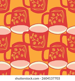 Colorful Vibrant Coffee Mugs in Pop Art Style Vector Seamless Pattern