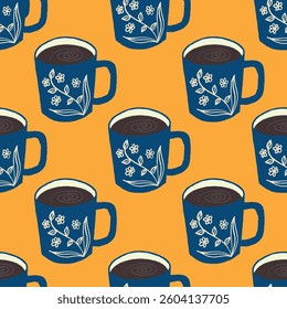 Colorful Vibrant Coffee Mugs in Pop Art Style Vector Seamless Pattern