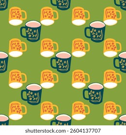 Colorful Vibrant Coffee Mugs in Pop Art Style Vector Seamless Pattern