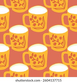 Colorful Vibrant Coffee Mugs in Pop Art Style Vector Seamless Pattern