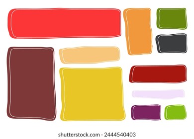 Colorful vibrant collection of rectangular designs, hand drawn with a brush. Set of frames for text. Blank vector text box.